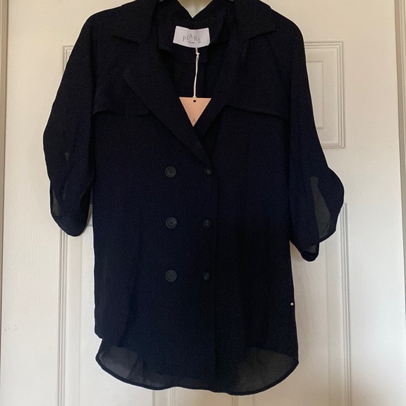 Brand New PEARL byLela Rose double breast Trench style blouse white & navy blue - Picture 2 of 8